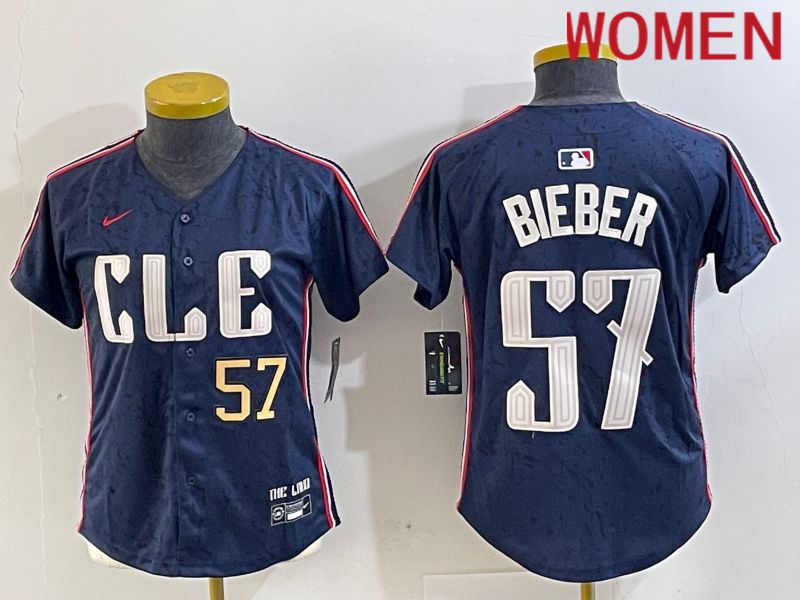Women Cleveland Indians 57 Bieber Blue City Edition Nike 2024 MLB Jersey style 2